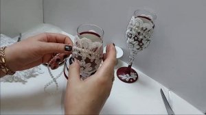 Свадебные бокалы своими руками из кружева и жемчуга // МК