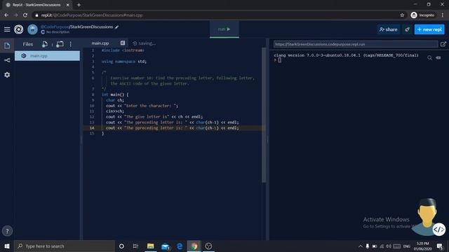 Find the preceding letter, the following letter and the ASCII code of the given letter in C++