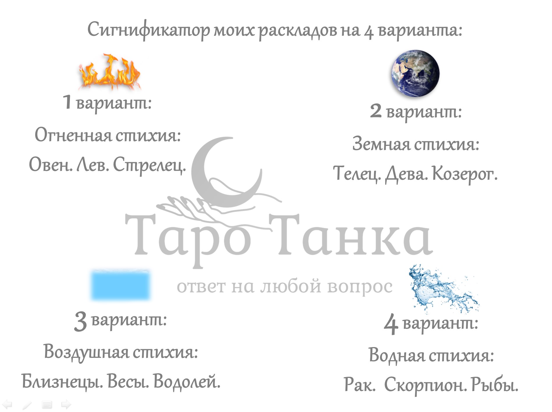 Сигнификация на 4 варианта моих раскладов (стихии) от Таро Танки.mov смотреть онлайн
