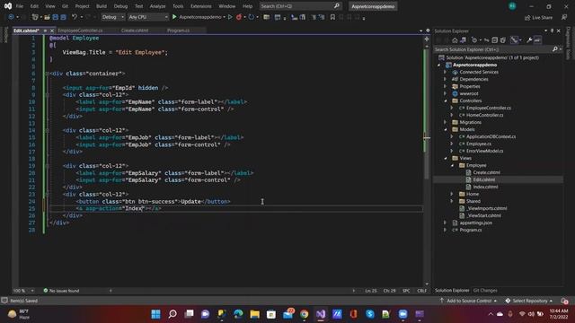 ASP.NET CORE MVC 6.0 (PART-6) : Perform Update operation using EntityframeworkCore 6