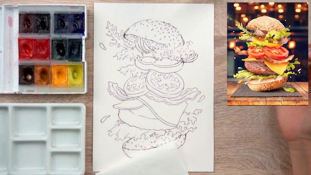 Бесплатные уроки рисования акварельными красками. Как нарисовать вкусный и сочный бургер