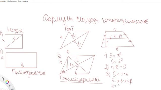 Формулы площади четырехугольников * Area formulas for quadrangles
