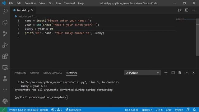 Python 3 Tutorial 02 - User Input, Formatting Strings, Assignments