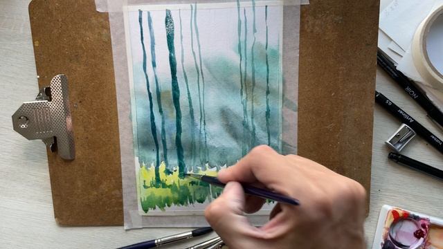 Утренний туманный лес акварелью для новичков