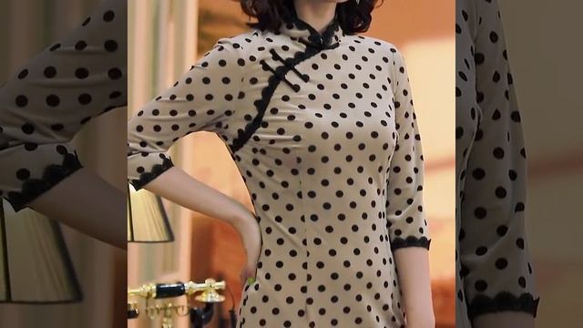 3/4 Sleeve Polka Dots Velvet Retro Cheongsam Chinese Dress with Lace Edge смотреть онлайн