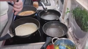 Три начинки!Блины начиняем на сковороде при выпечке!1