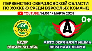 ПСО по хоккею с шайбой среди взрослых команд. Кедр Новоуральск-Авто Верхняя Пышма. 17.03.2024. 14:00
