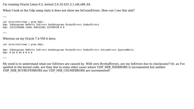 Unix & Linux: Why is /proc/net/snmp not showing Udp InCSumErrors? смотреть онлайн