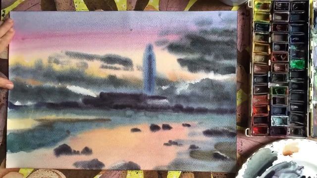 DIY How to PAINT SEA LIGHTHOUSE Landscape Sunset. Video lesson painting/art Jarova WATERCOLOR ART смотреть онлайн