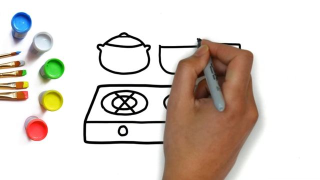 Как нарисовать кухонные принадлежности, плиту и кастрюли легко, How to draw the kitchen смотреть онлайн