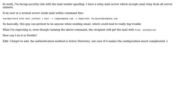 Unix & Linux: How to config Postfix to prevent sender spoofing? смотреть онлайн