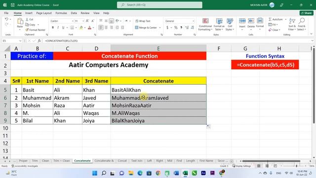 ?️ Concatenate Function Explained in Urdu / Hindi | Learn MS Excel with Aatir Academy 2022