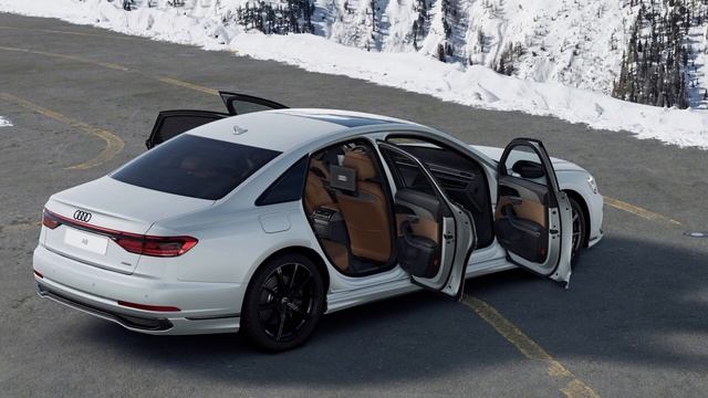 Audi A8 Glacier White Matte D5 2023. Exterior and Interior. Amazing brown interior