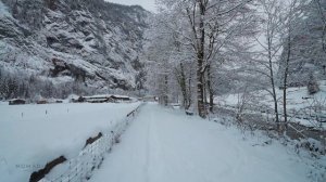 Прогулка по снегу в Лаутербруннене, Швейцария. Прогулка по реке Вайссе. Река и звуки природы