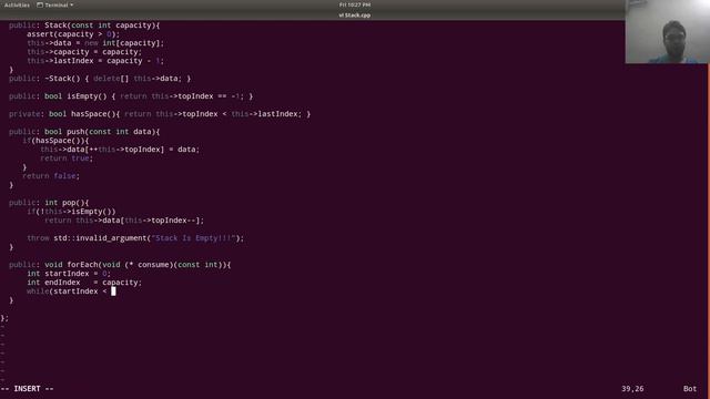 Datastructure In C++ live coding : Stack with push, pop, isEmpty, hasNext forEach functions