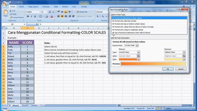 Excel 2007 tutorial  Cara Menggunakan Conditional Formatting-COLOR SCALES in Microsoft Excel