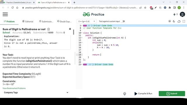 Sum of Digit is Palindrome or not  || GFG Coding || 100% Test Cases Passed || gorakhcodes
