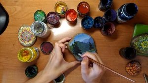 Роспись по камню.Рисуем горный пейзаж на камне гуашью