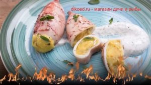 Как приготовить кальмар - Запеченные кальмары, фаршированные картофельным пюре, с йогуртовым соусом