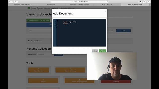 "Mongo DB server" with "Mongo UI" and a free IBM Cloud Kubernetes cluster