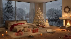 ❄️Cozy Winter Bedroom Ambience with Snowfall ? Slow Jazz Music & Fireplace Soun