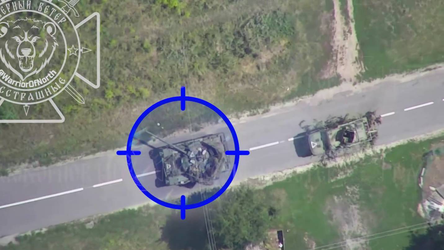 Ланцет уничтожает украинский танк Т-64БВ в Курской области.