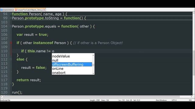 compare custom objects in javascript