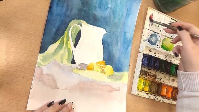 Рисунок акварельного натюрморта в смешанной технике (акварель + ручка)