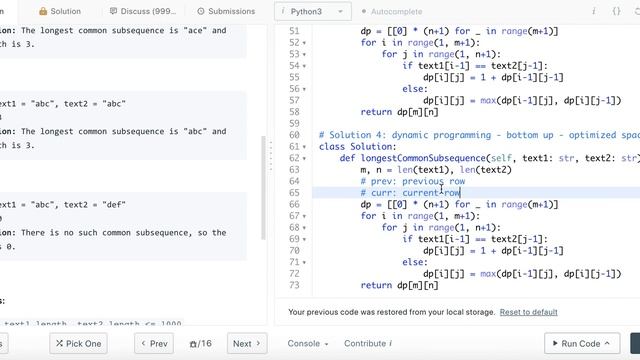 Longest Common Subsequence - Leetcode 1143 - Dynamic Programming Optimized Space - Python