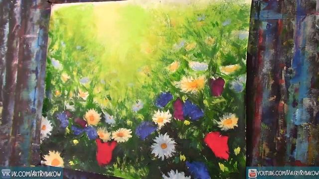 Как нарисовать ЦВЕТОЧНОЕ ЛЕТНЕЕ ПОЛЕ Картина акрилом ШАГ ЗА ШАГОМ Time Lapse Урок РИСОВАНИЯ. Рыбако