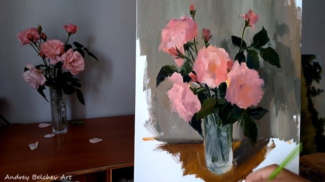 Как нарисовать розовые розы на сером. Этюд маслом на холсте смотреть онлайн