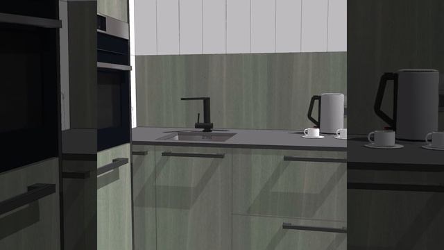 Кухня. Современный лофт. Посудомоечная в колонне и вытяжка в столешнице.