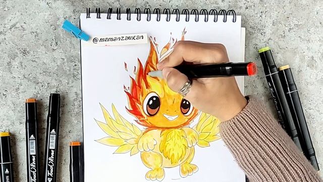 Феникс огненный. Пошаговое рисование маркерами