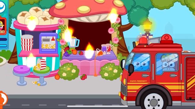 Firefighters put out fire in the fire scene of Papo Town Fire Department