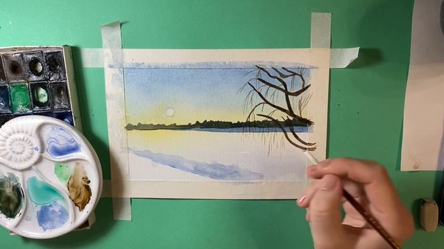 Рисуем зимний пейзаж с озером и соснами. Новогодние рисунки акварелью