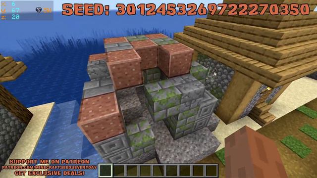 Minecraft Java 1.16.5 Seed: Spawn on island with shipwreck next to island village and mushroom biom
