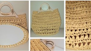 Летняя сумка из Рафии с деревянным донышком и ручками. МК. Крючком