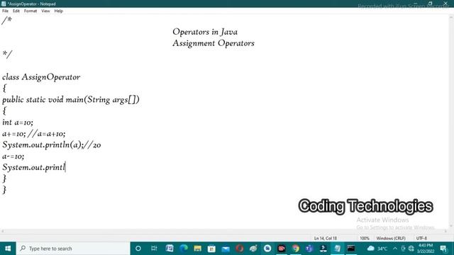 Operators in java || Assignment Operators in java (= , += , -= ,*= , /= , %=) || Coding Technologie