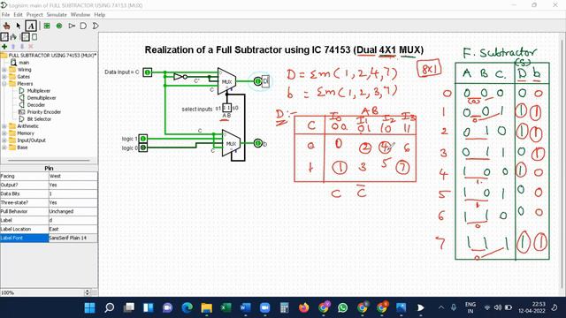 Logisim Simulation _15 | Realization of a Full Subtractor with IC 74153 | Dual 4X1 MUX | తెలుగు