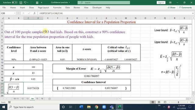 Statistics with Excel: Confidence Level and Critical Value of z on a Proportion