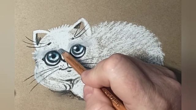 Белый котик - рисунок сухой пастелью на крафтовой бумаге. смотреть онлайн
