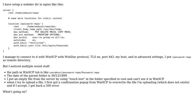 WinSCP on WebDav shows weird date + error 500 on PUT смотреть онлайн