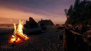 4K Костер на Пляже - Потрескивающий Огонь со Звуками Океанских Волн