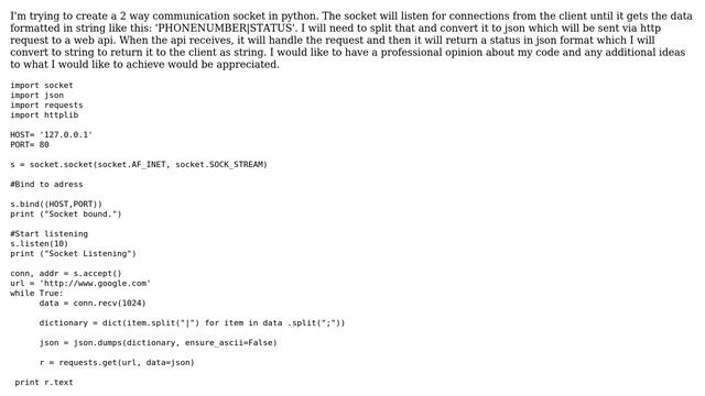 Code Review: 2 way communication Python socket