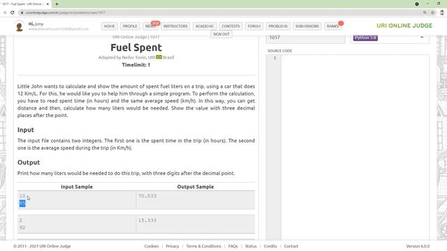 Problem Solving With Python - URI Online Judge 1017 [ Fuel Spent ]