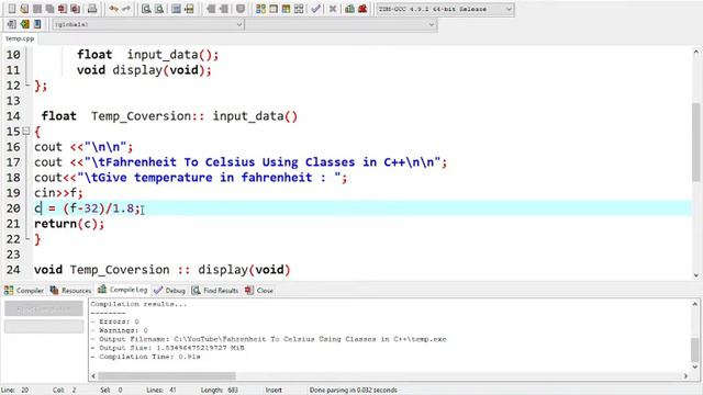 Fahrenheit To Celsius Using Classes in C++