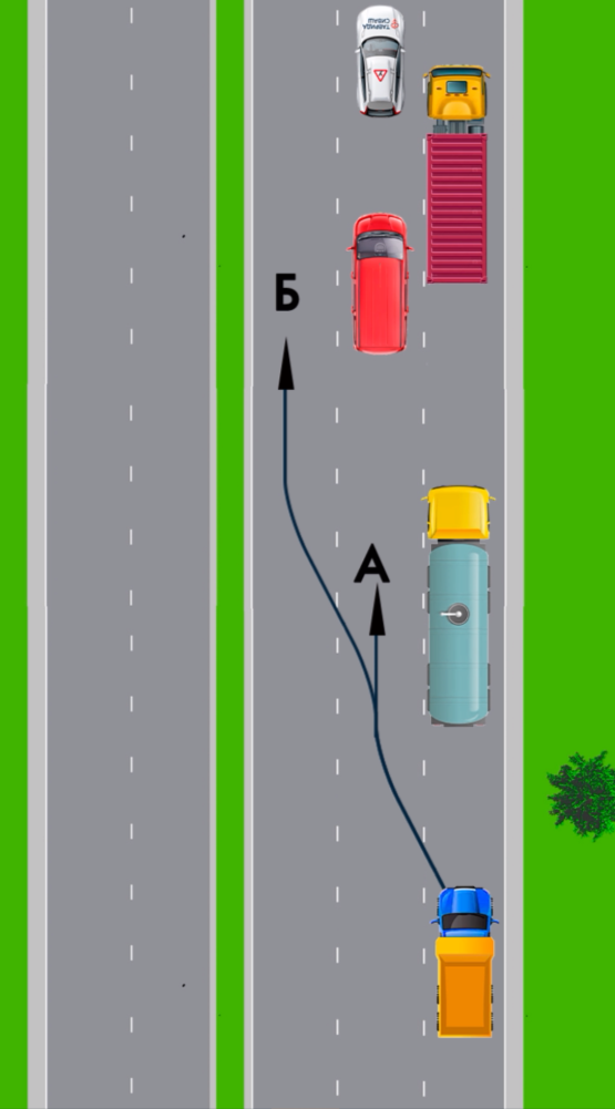 По какой из предложенных траекторий разрешено выполнить опережение водителю грузового автомобиля?