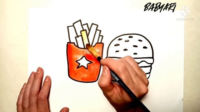Как нарисовать картошку фри /How to draw fries and burger смотреть онлайн