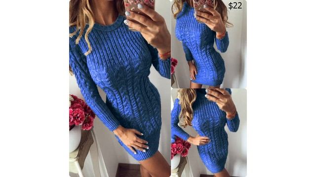 Одежда с AliExpress. Теплое трикотажное платье свитер осень зима с длинными рукавами выше колен. смотреть онлайн