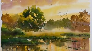 Золотой рассвет, летний пейзаж акварелью, ускоренная версия